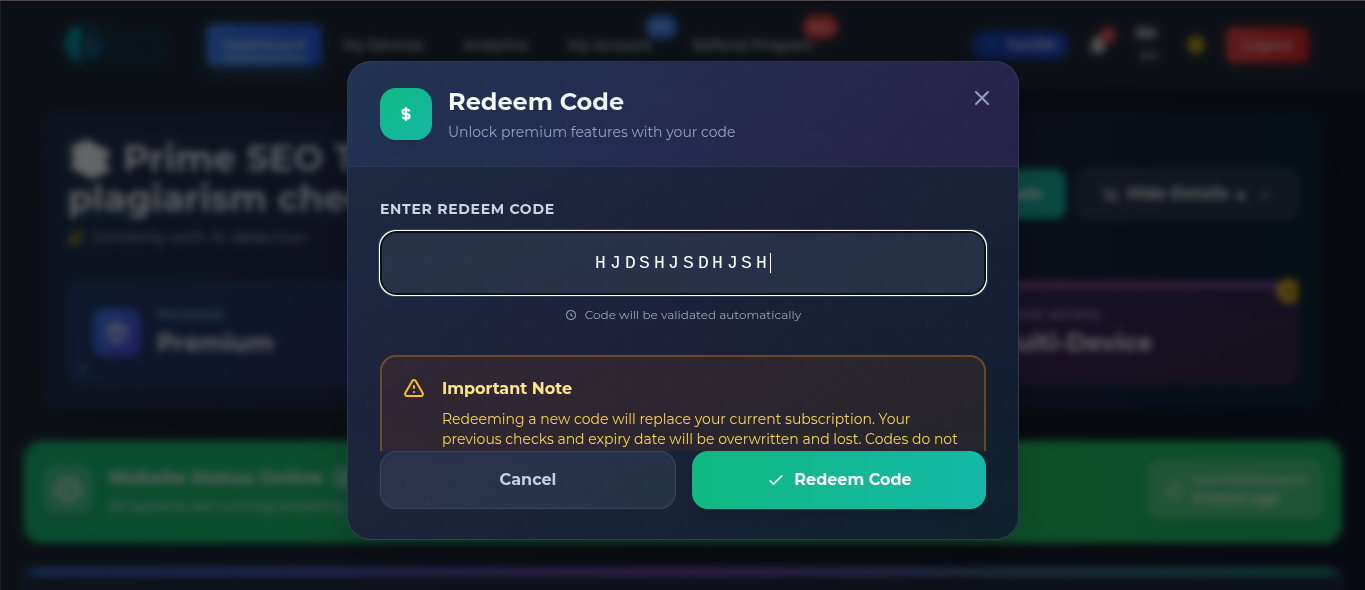 Enter Redeem Code